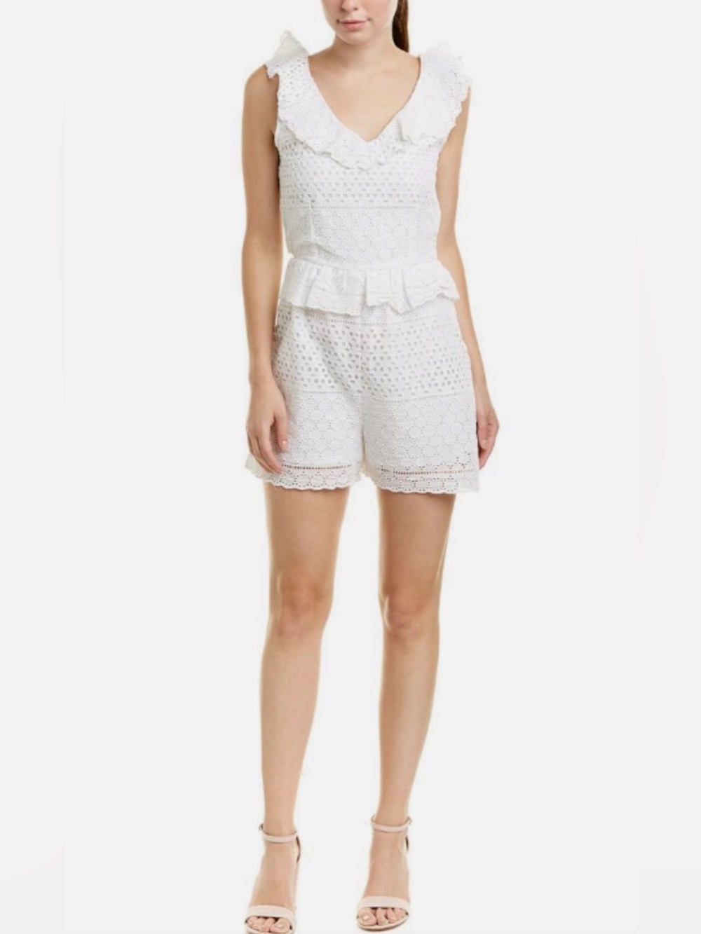 Walter Baker White Eyelet Ruffle Short Romper Open Back SZ M EUC